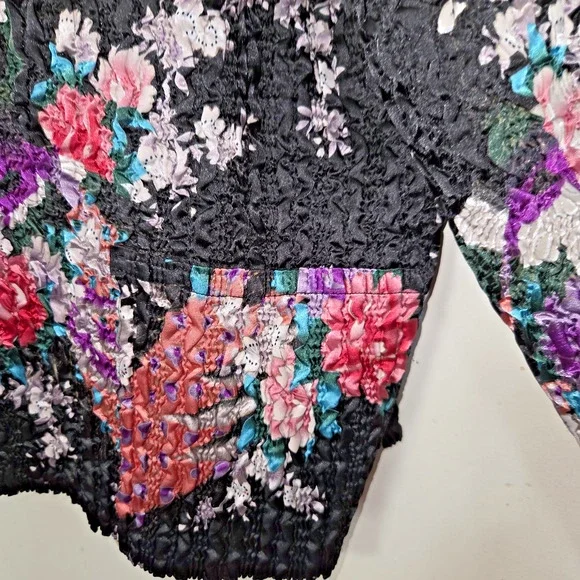 Asian Inspired Floral Top Jacket XL Reversible Textured Crinkle Super Stretchy - Picture 3 of 16
